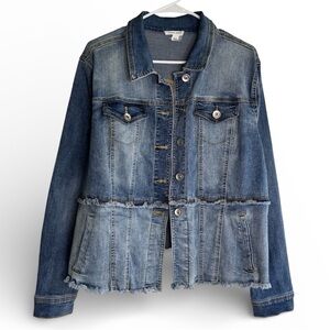 Tribal Jeans Denim Jacket Cotton Blend Crew Neck Raw Hem Button Front XL